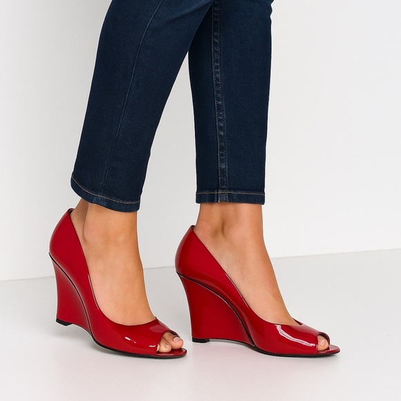 Stuart Weitzman Shoes - Vintage STUART WEITZMAN patent red peep toe wedges pinup retro Dalmatian 7.5